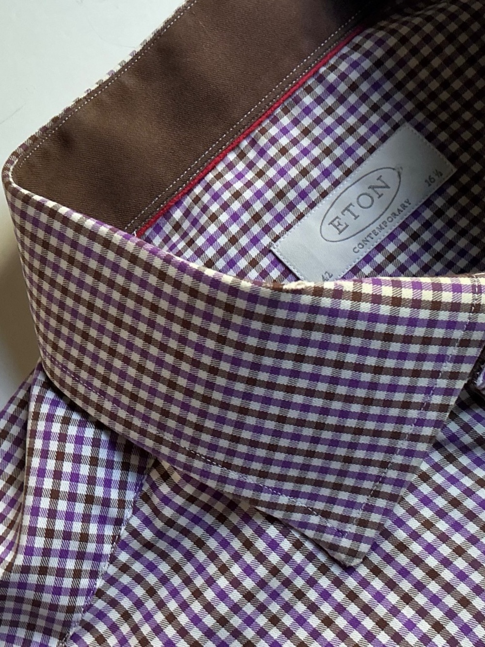 ETON contemporary brown & purple checkered cotton shirt Sz 16.5 made in Romania